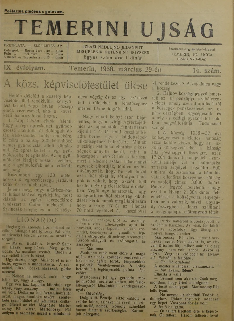 Temerini Újság 1928-1944, 9. évf. 1936. március 29. 14. sz.