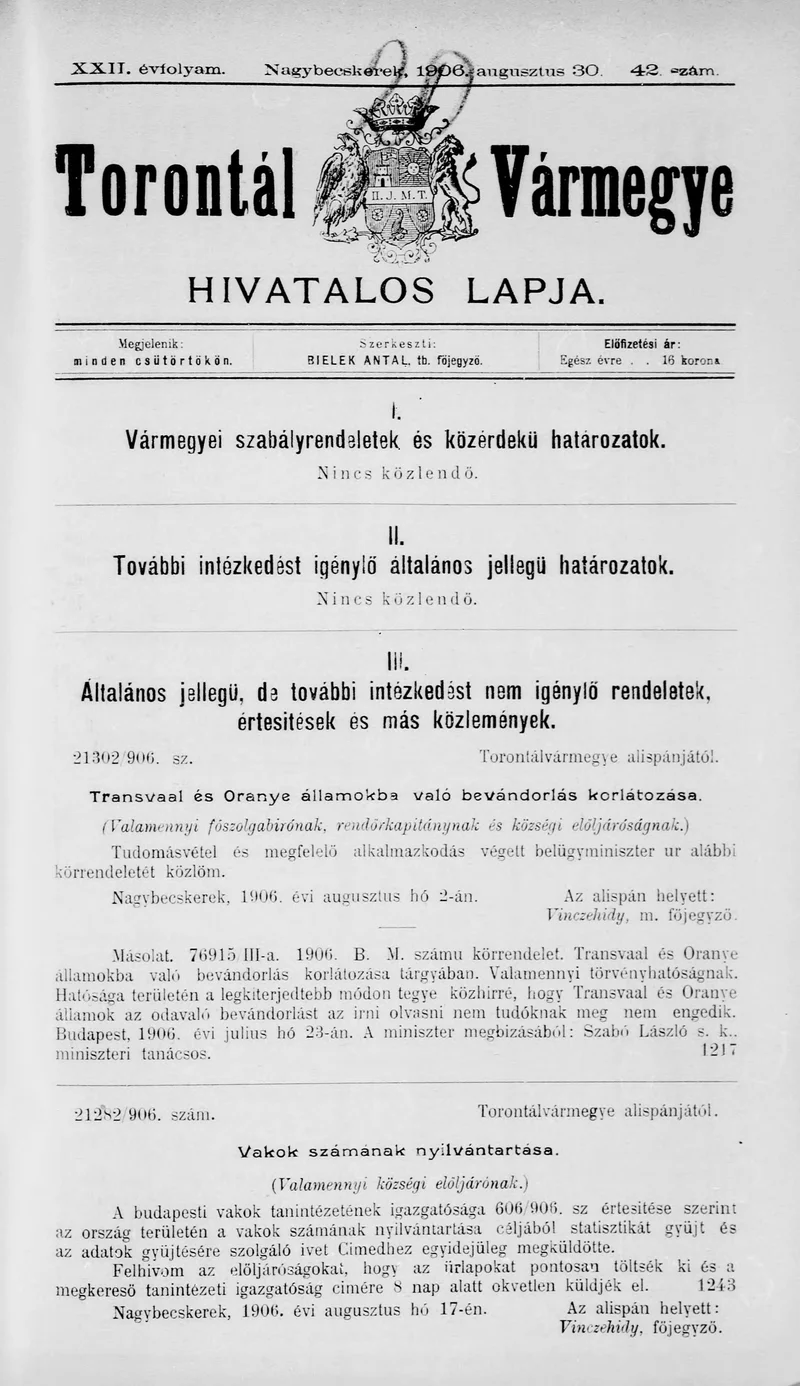 Torontál Vármegye Hivatalos Lapja, 22. évf. 1906. augusztus 30. 42. sz.