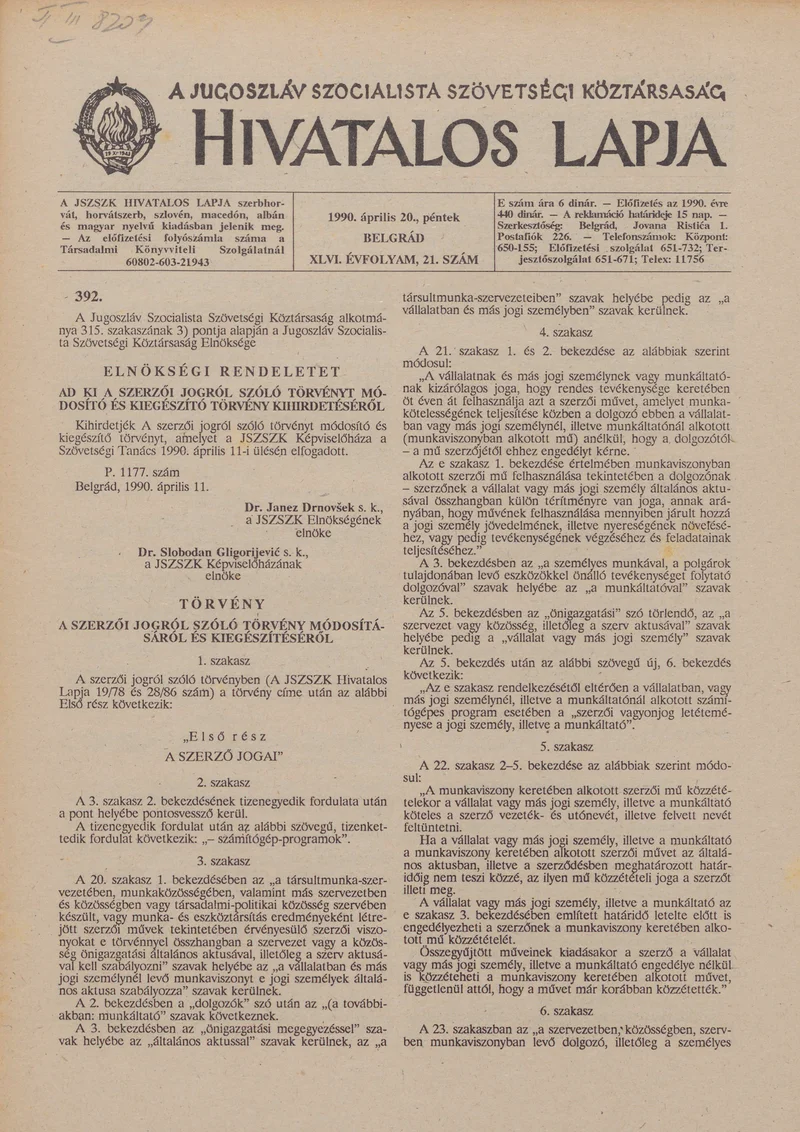 A Jugoszláv Szocialista Szövetségi Köztársaság Hivatalos Lapja, 46. évf. 1990. április 20. 21. sz. 845–872. oldal