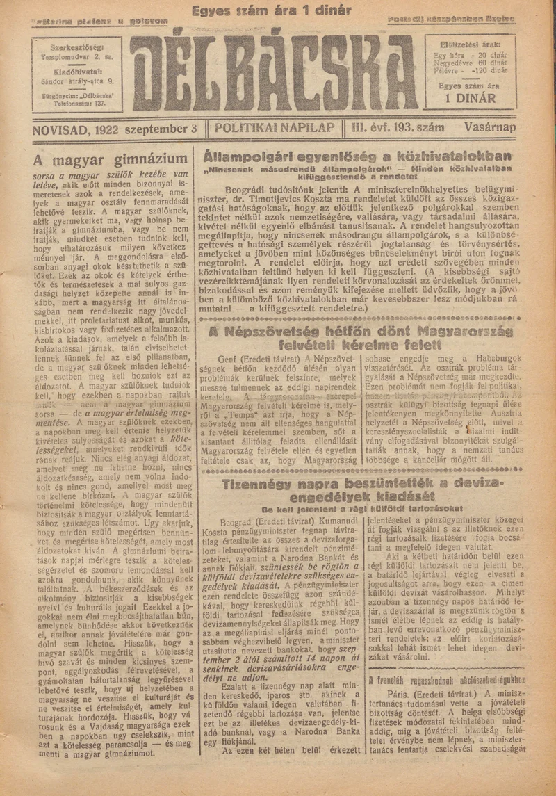 Délbácska, 3. évf. 1922. szeptember 3. 193. sz.