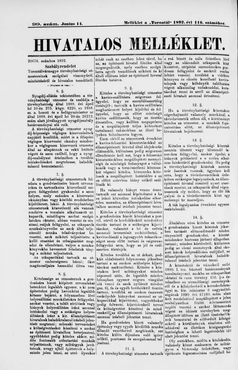A Totontál  hivatalos melléklete, 5. évf. 1892. június 14. 99. sz.