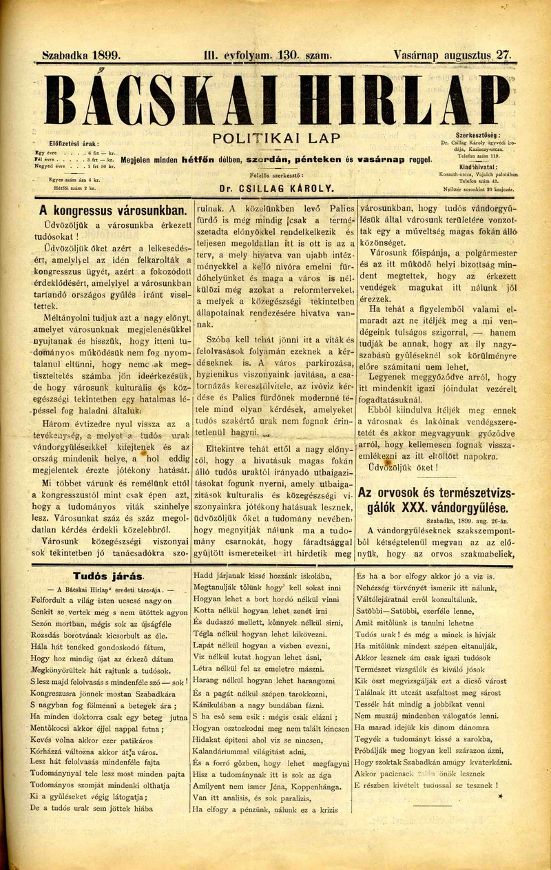 Bácskai Hirlap, 3. évf. 1899. augusztus 27. 130. sz.