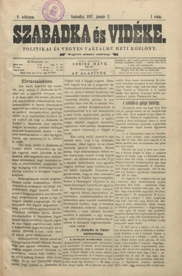 Szabadka és vidéke II, 5. évf. 1897. január 3. 1. sz.