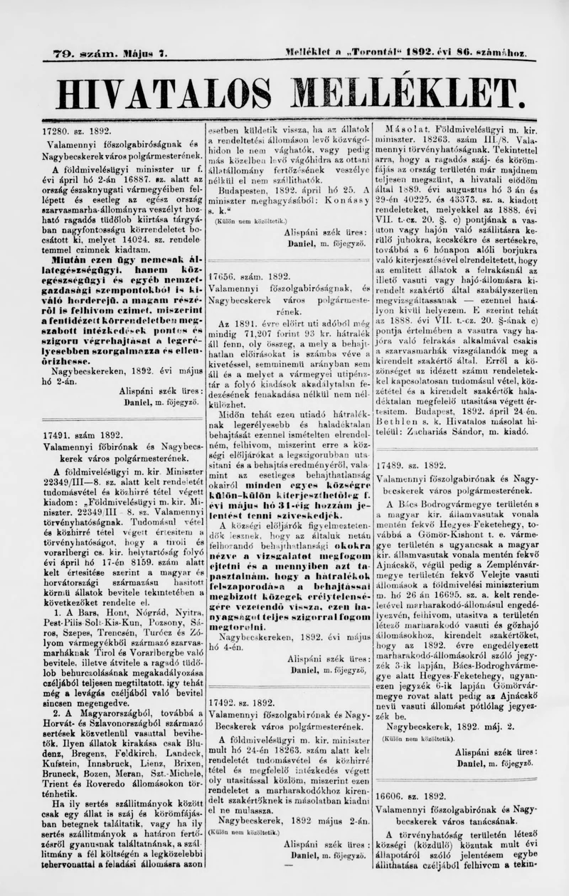 A Totontál  hivatalos melléklete, 5. évf. 1892. május 7. 79. sz.