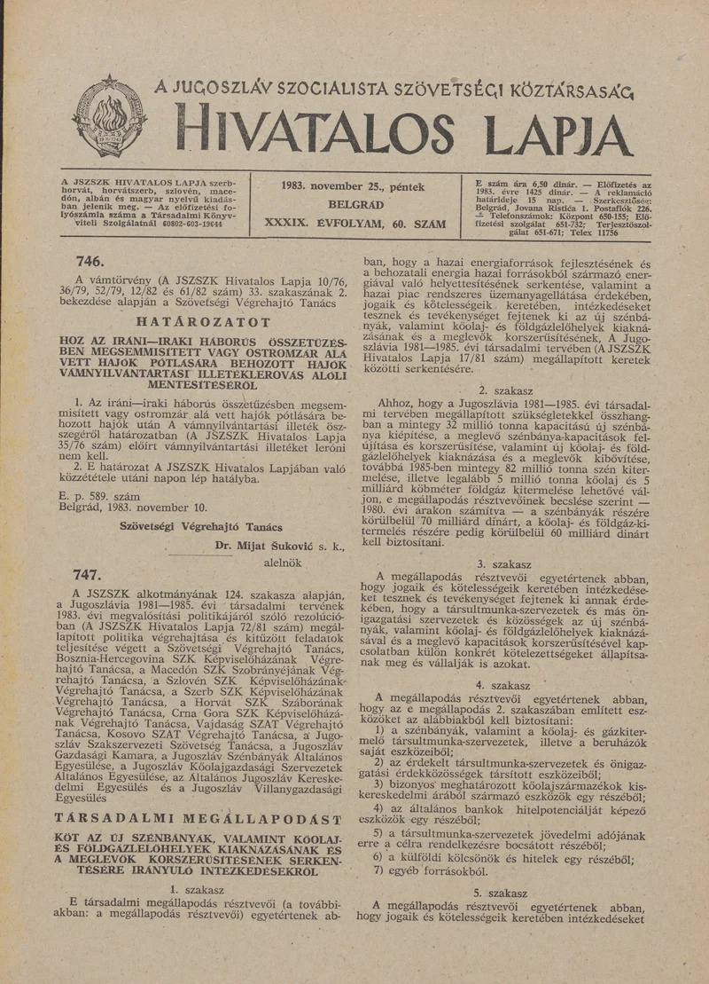 A Jugoszláv Szocialista Szövetségi Köztársaság Hivatalos Lapja, 39. évf. 1983. november 25. 60. sz. 1665–1672. oldal