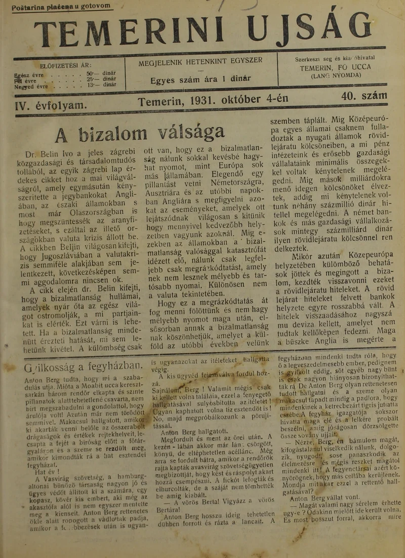 Temerini Újság 1928-1944, 4. évf. 1931. október 4. 40. sz.