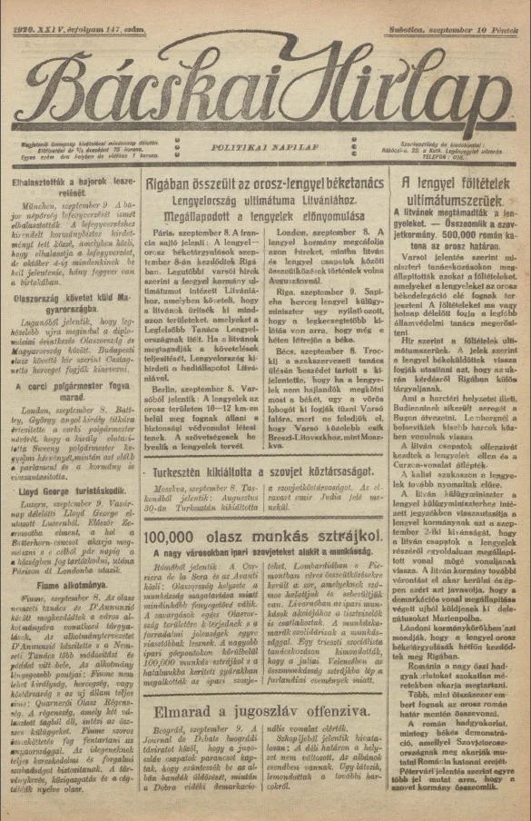 Bácskai Hirlap, 24. évf. 1920. szeptember 10. 147. sz.