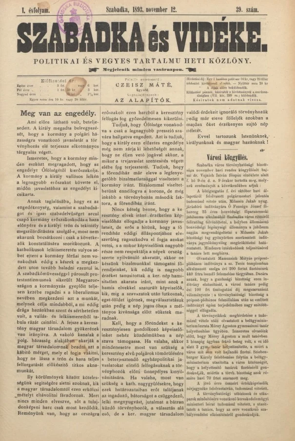 Szabadka és vidéke II, 1. évf. 1893. november 12. 39. sz.