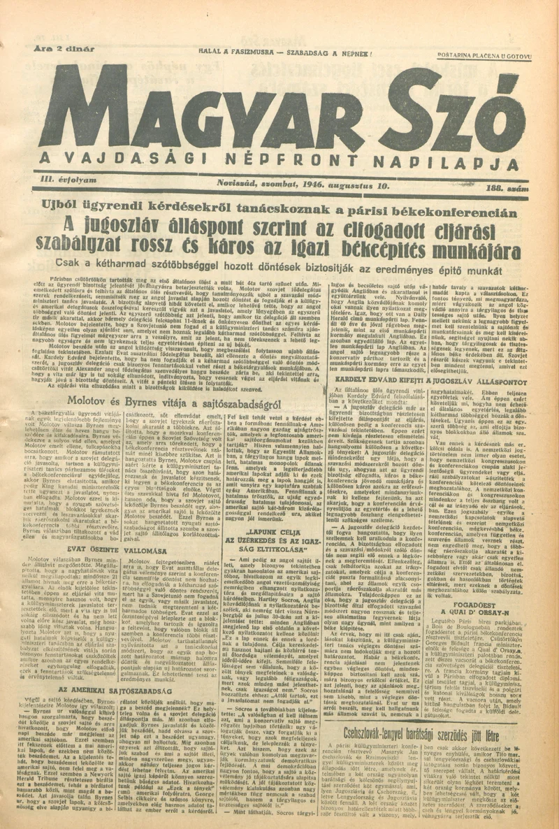 Magyar Szó, 3. évf. 1946. augusztus 10. 188. sz. 1–6. oldal