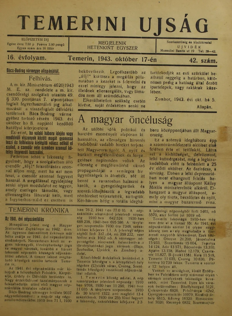 Temerini Újság 1928-1944, 16. évf. 1943. október 17. 42. sz.