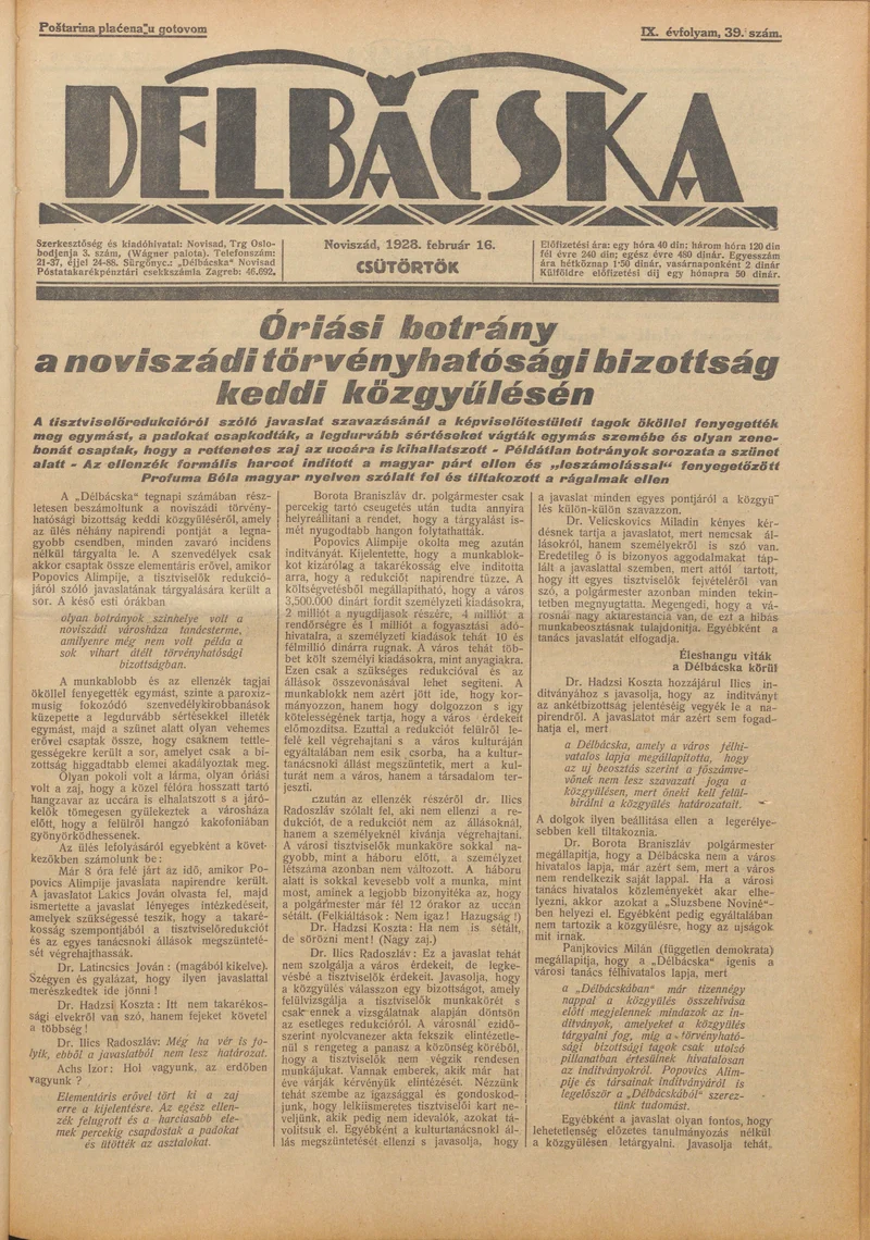 Délbácska, 9. évf. 1928. február 16. 39. sz.