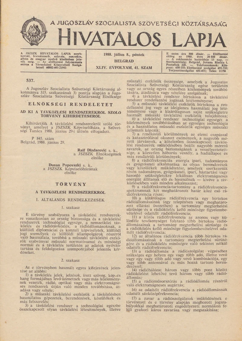 A Jugoszláv Szocialista Szövetségi Köztársaság Hivatalos Lapja, 44. évf. 1988. július 8. 41. sz. 1137–1168. oldal