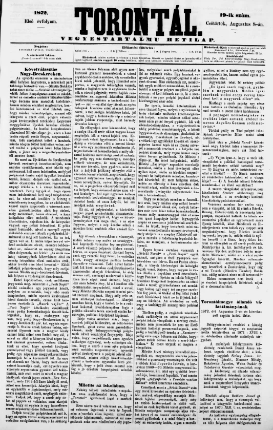 Torontál, 1. évf. 1872. augusztus 8. 19. sz.