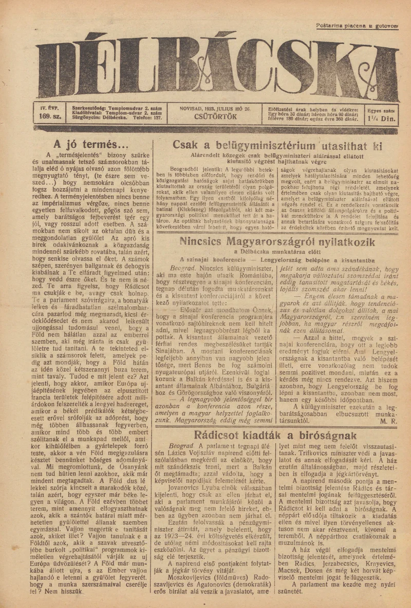 Délbácska, 4. évf. 1923. július 26. 169. sz.