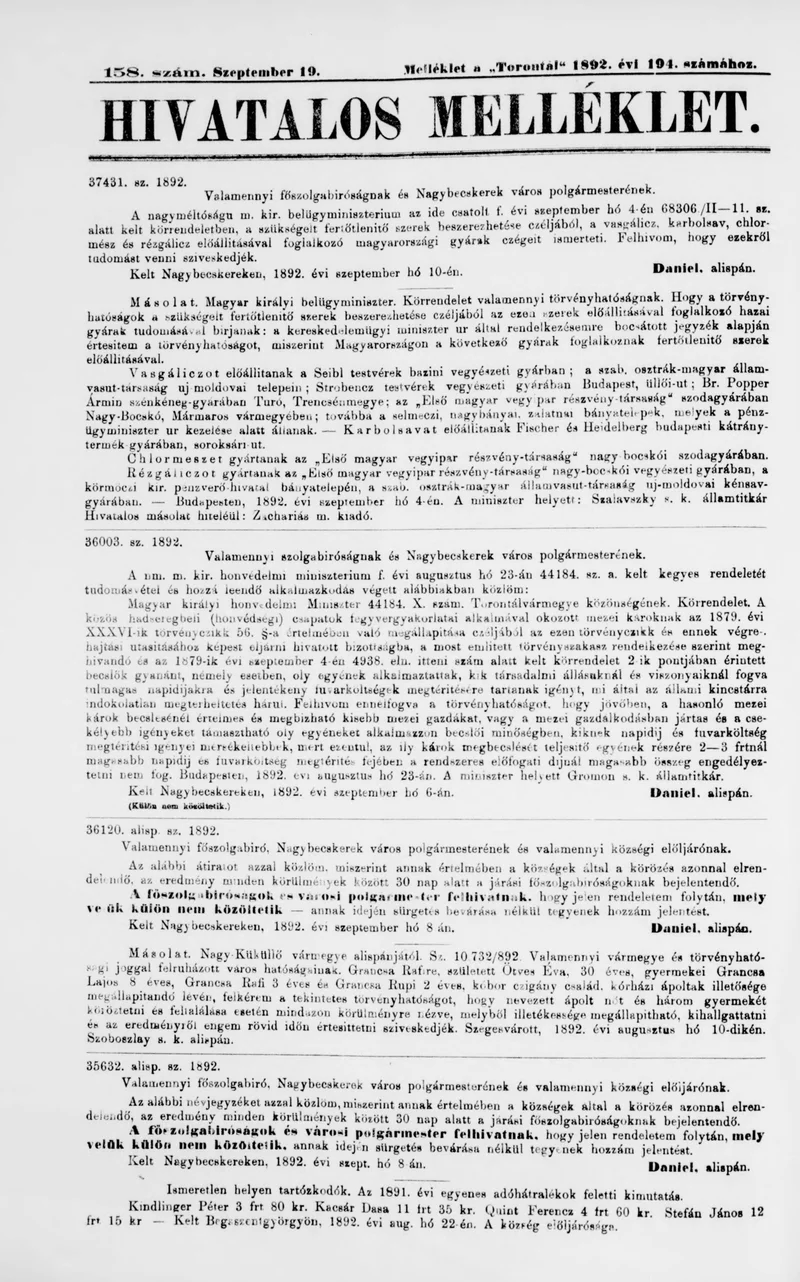 A Totontál  hivatalos melléklete, 5. évf. 1892. szeptember 19. 158. sz.