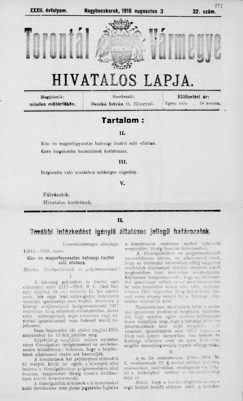Torontál Vármegye Hivatalos Lapja, 32. évf. 1916. augusztus 3. 32. sz.