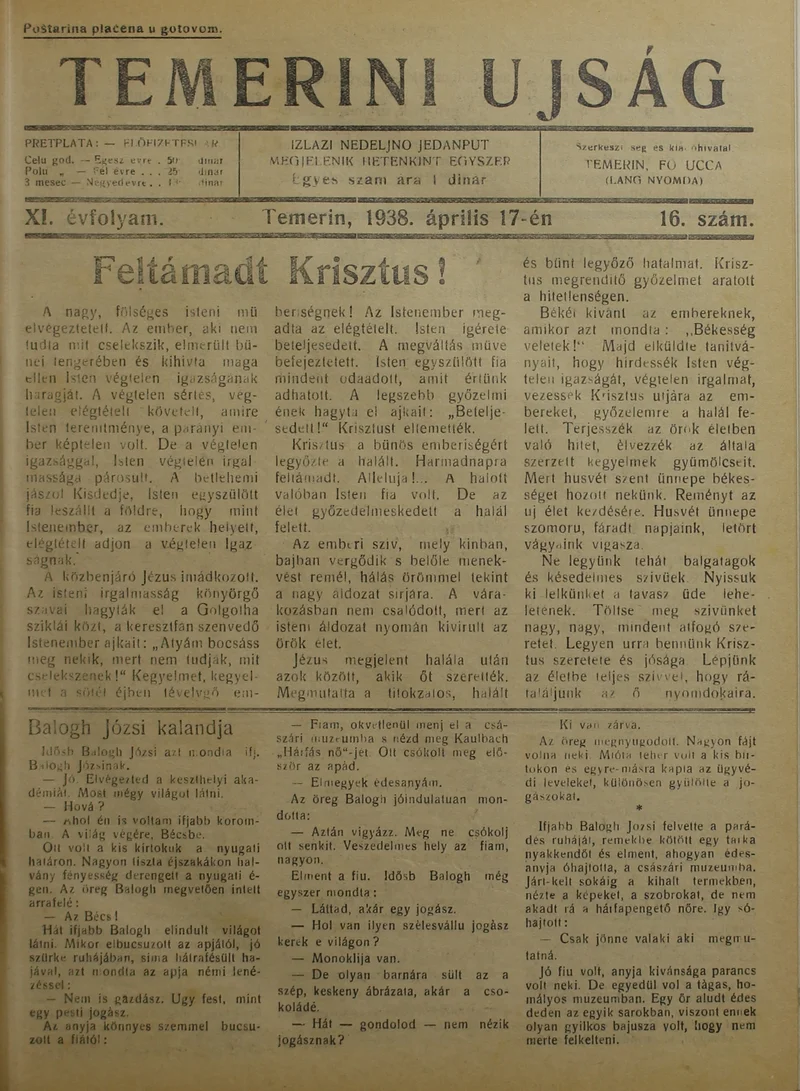 Temerini Újság 1928-1944, 11. évf. 1938. április 17. 16. sz.