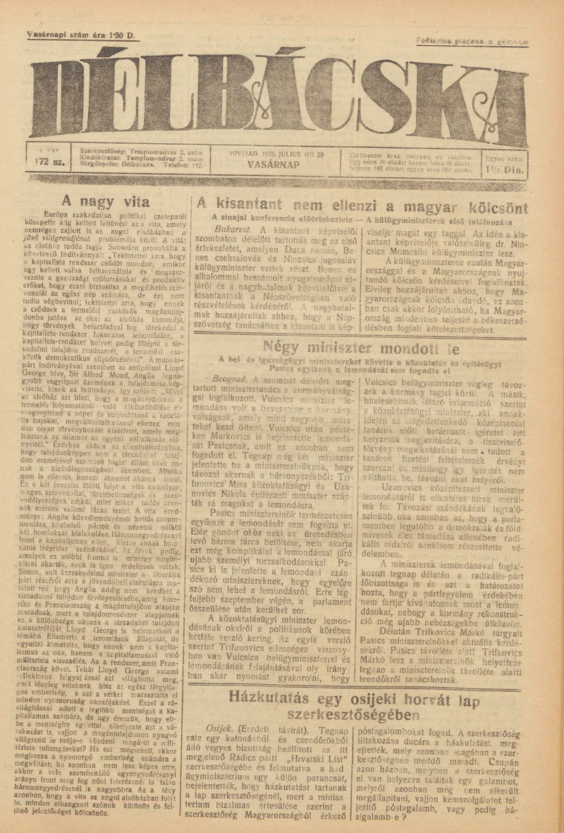 Délbácska, 4. évf. 1923. július 29. 172. sz.