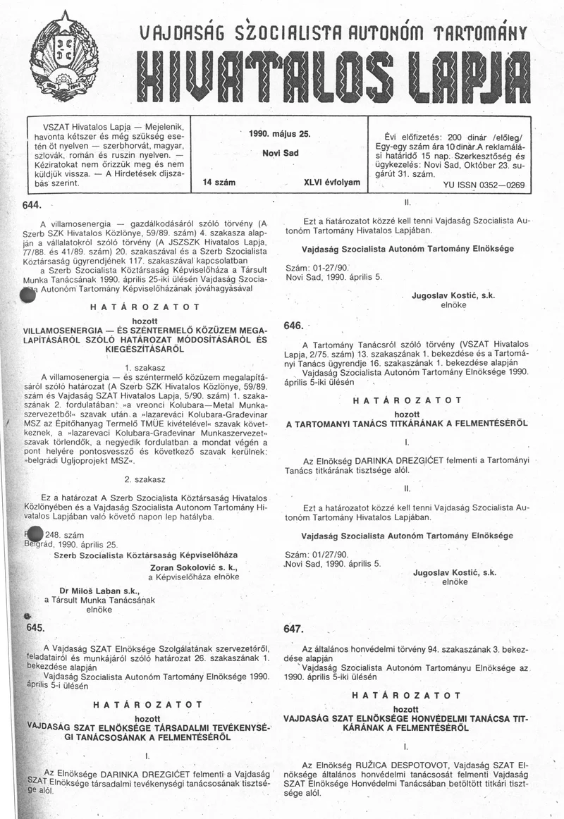 Vajdaság Szocialista Autonóm Tartomány Hivatalos Lapja, 46. évf. 1990. május 25. 14. sz.