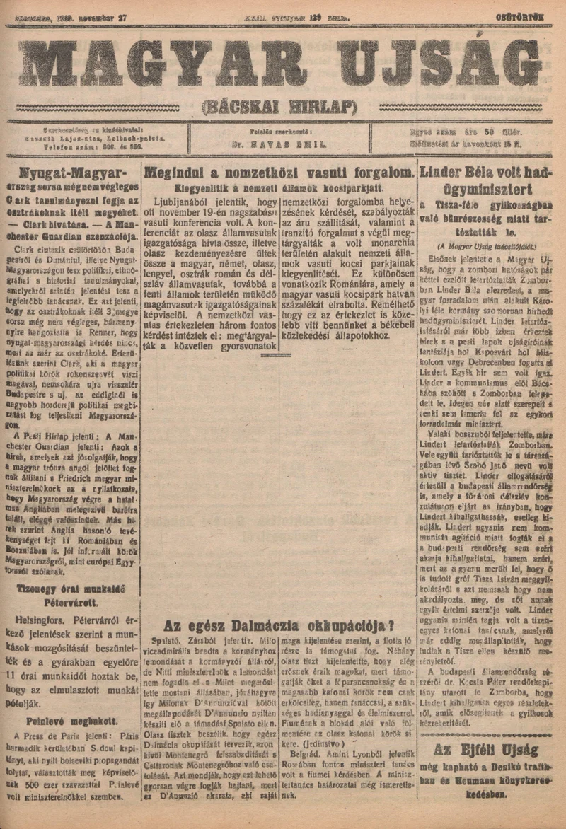 Bácskai Hirlap, 23. évf. 1919. november 27. 139. sz.