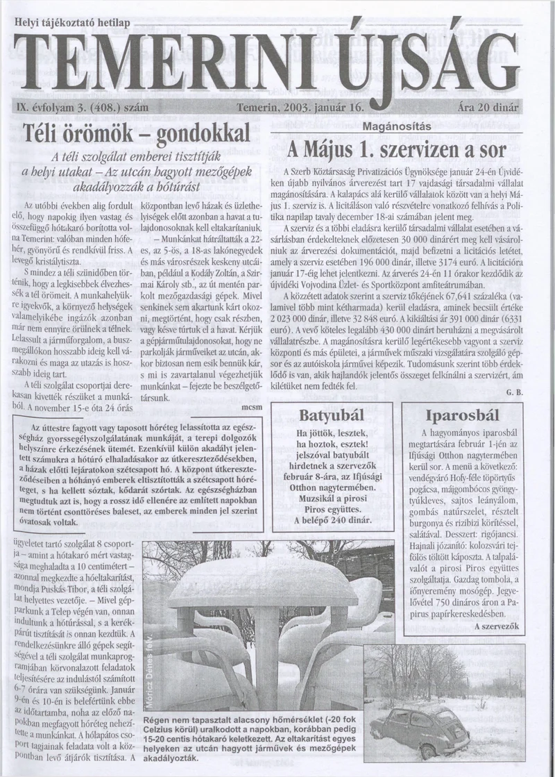 Temerini Újság, 9. évf. 2003. január 16. 3. sz.
