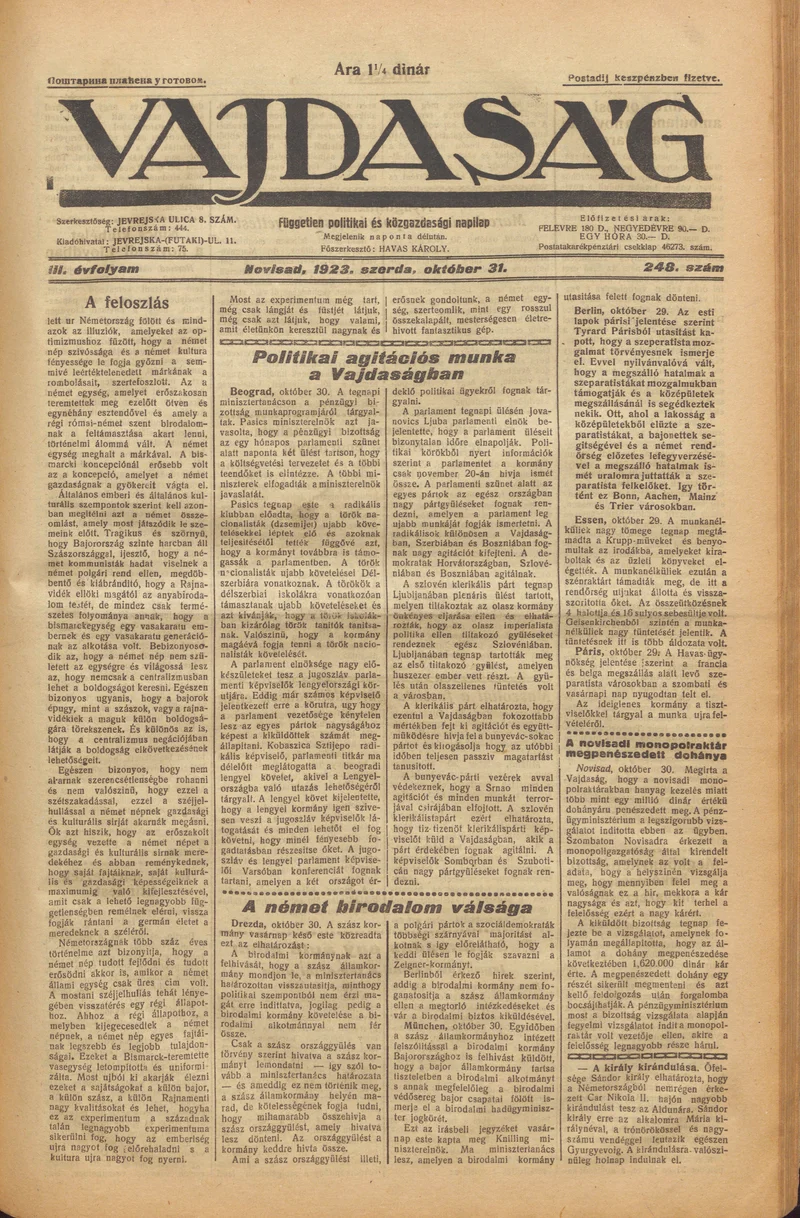 Vajdaság, 3. évf. 1923. október 31. 248. sz.
