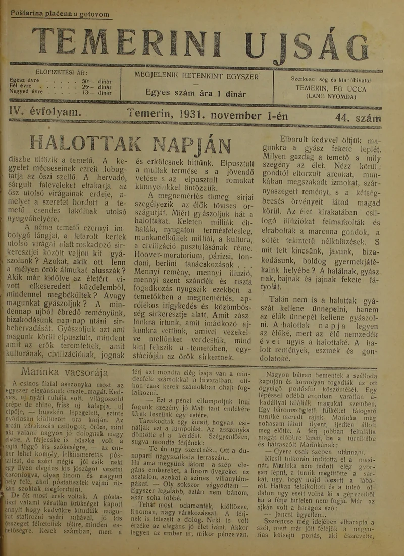 Temerini Újság 1928-1944, 4. évf. 1931. november 1. 44. sz.