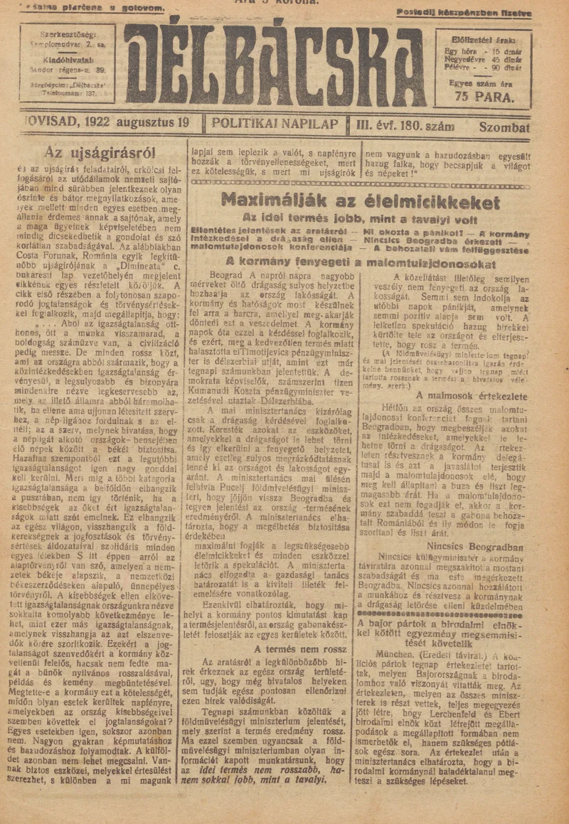 Délbácska, 3. évf. 1922. augusztus 19. 180. sz.