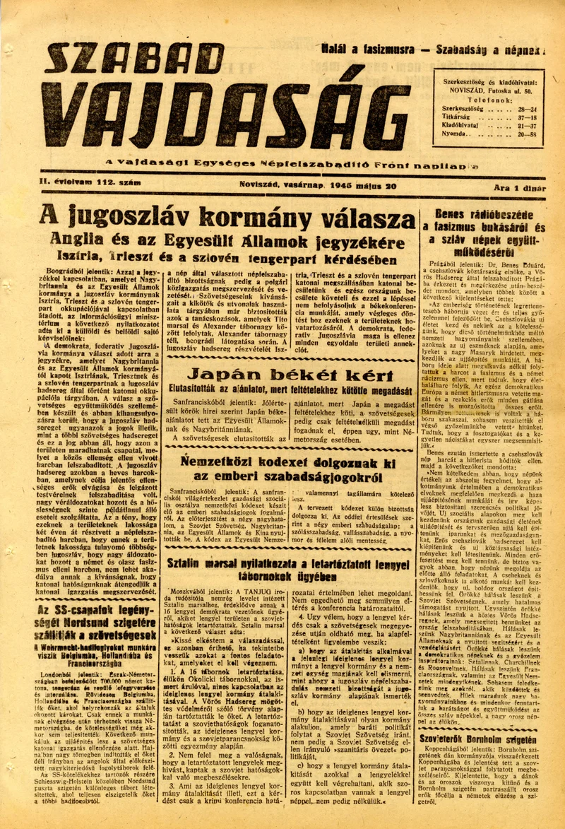 Szabad Vajdaság 1945. május 20. 112. sz.