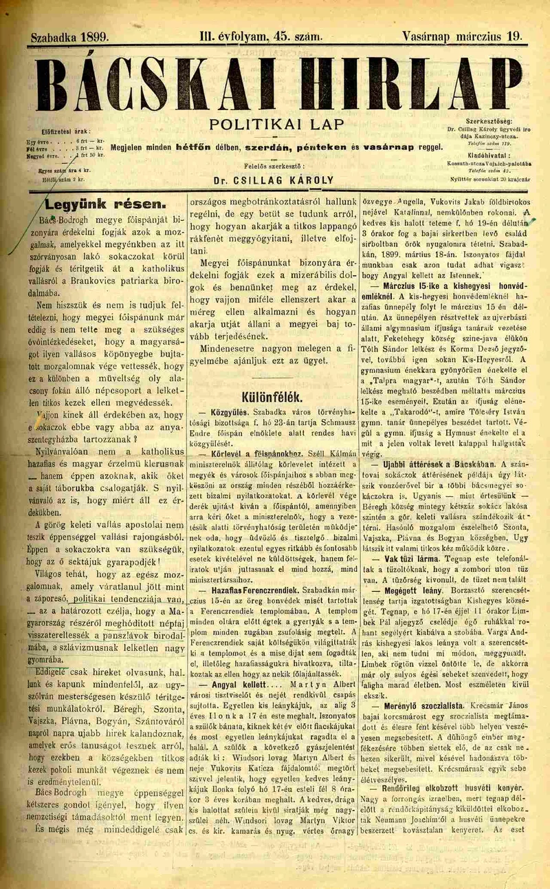 Bácskai Hirlap, 3. évf. 1899. március 19. 45. sz.