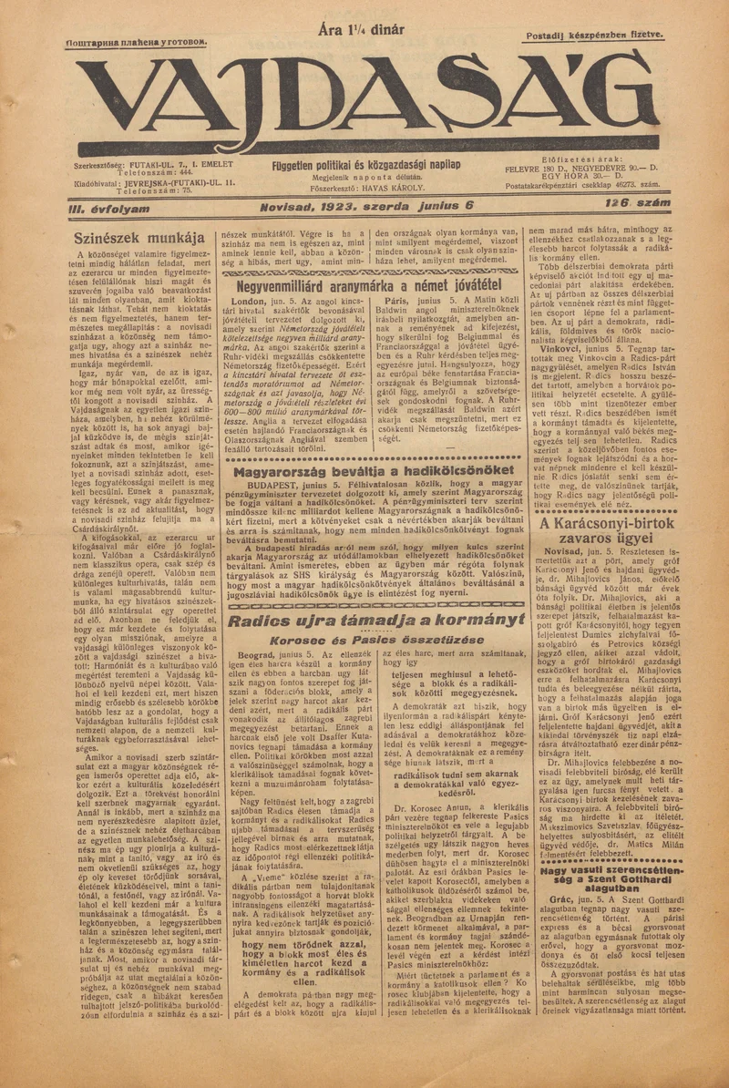 Vajdaság, 3. évf. 1923. június 6. 126. sz.