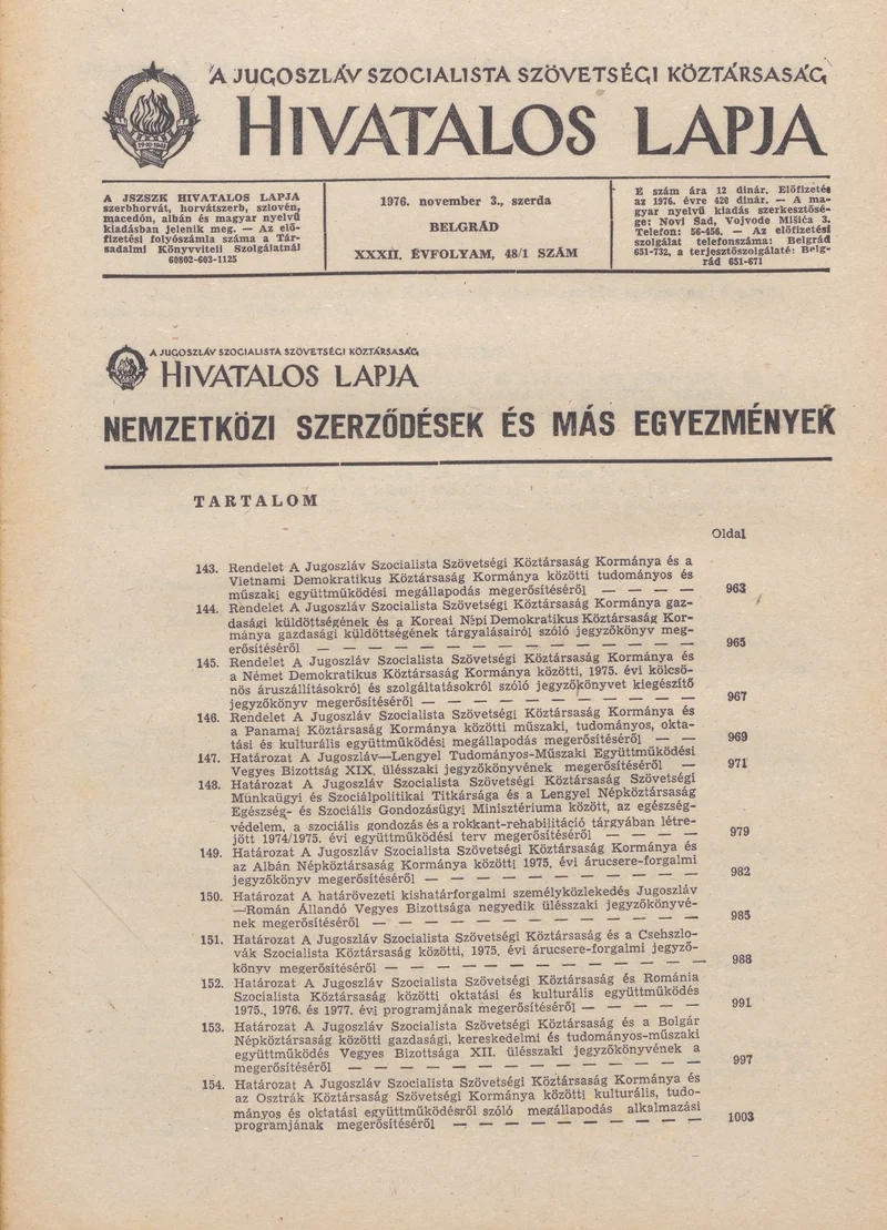 A Jugoszláv Szocialista Szövetségi Köztársaság Hivatalos Lapja, 32. évf. 1976. november 3. 48. sz.
