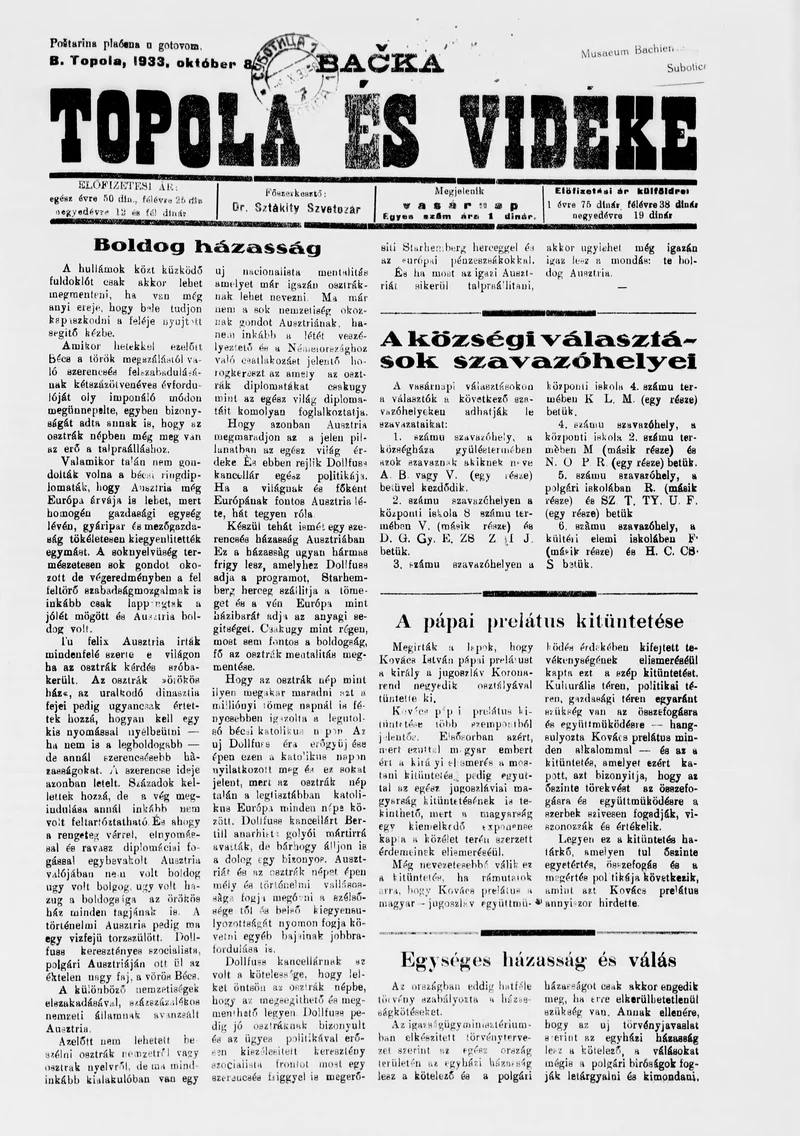 Bačka Topola és Vidéke, 10. évf. 1933. október 8. 41. sz.