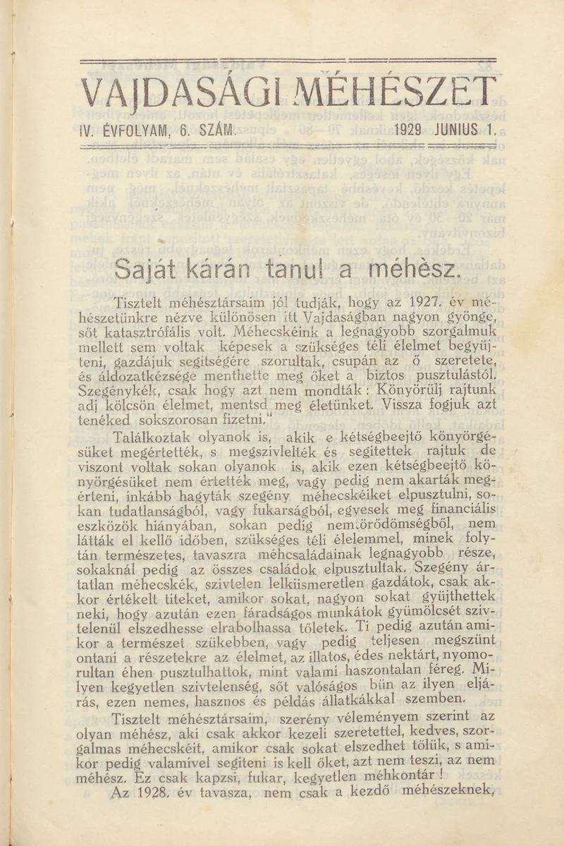 Vajdasági méhészet, 4. évf. 1929. június 1. 6. sz.
