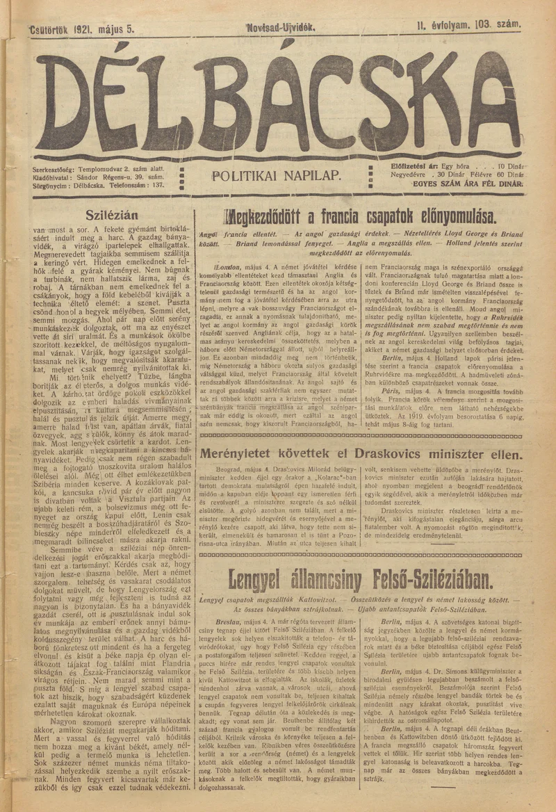 Délbácska, 2. évf. 1921. május 5. 103. sz.