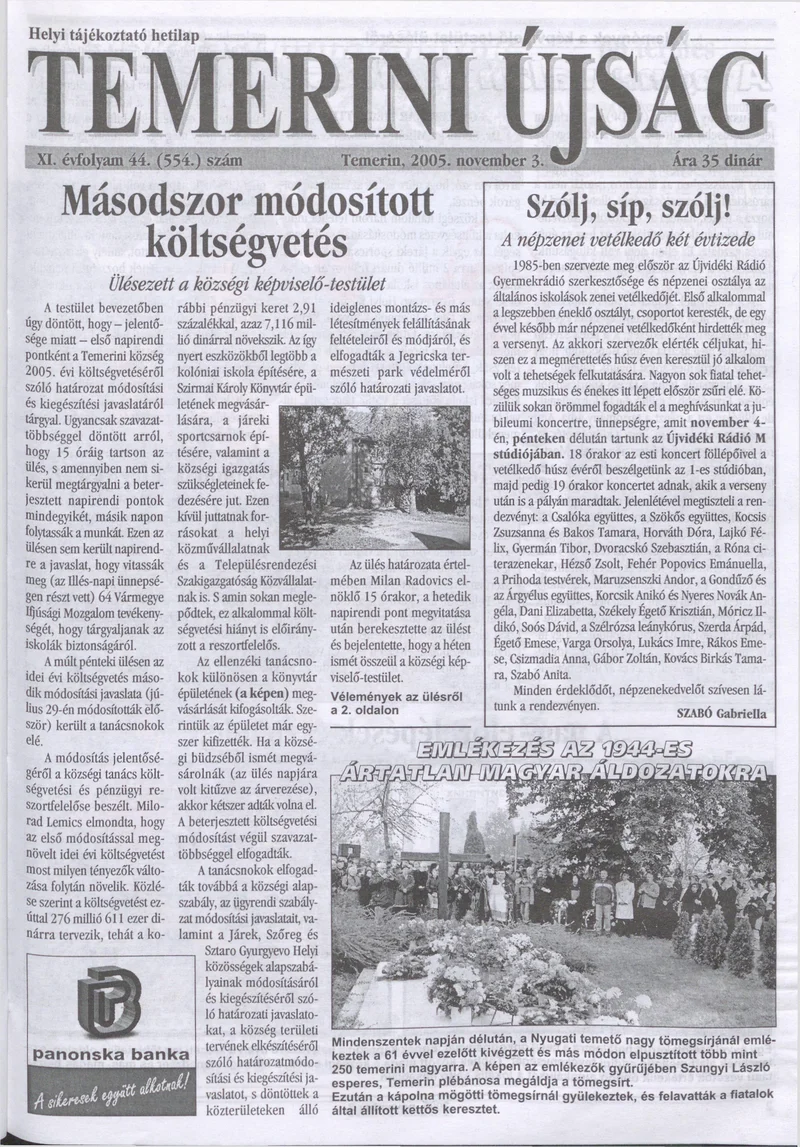 Temerini Újság, 11. évf. 2005. november 3. 44. sz.