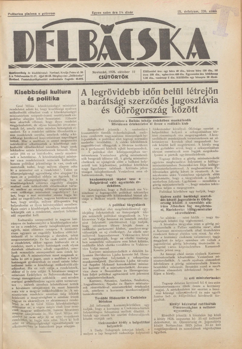 Délbácska, 9. évf. 1928. október 11. 238. sz.