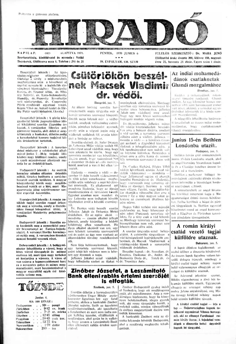 Híradó, 59. évf. 1930. június 6. 130. sz.