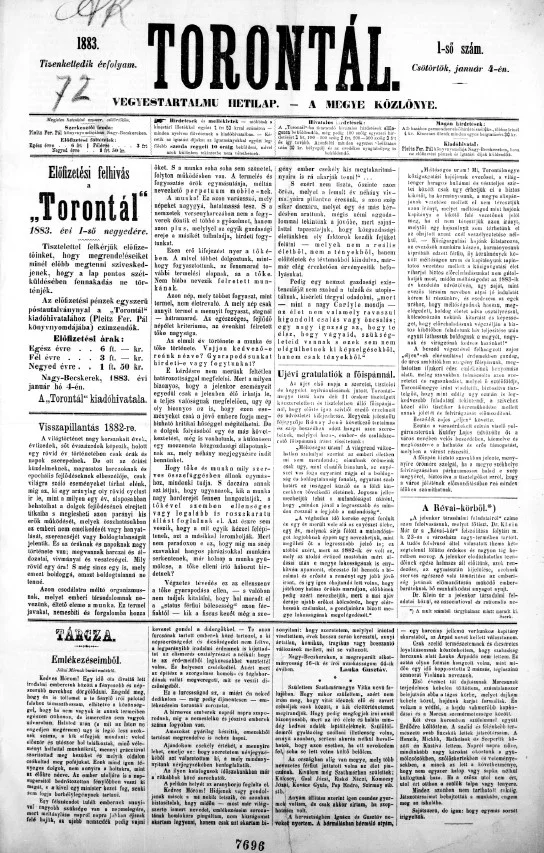 Torontál, 12. évf. 1883. január 4. 1. sz.
