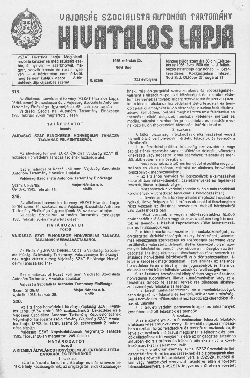 Vajdaság Szocialista Autonóm Tartomány Hivatalos Lapja, 41. évf. 1985. március 25. 8. sz.