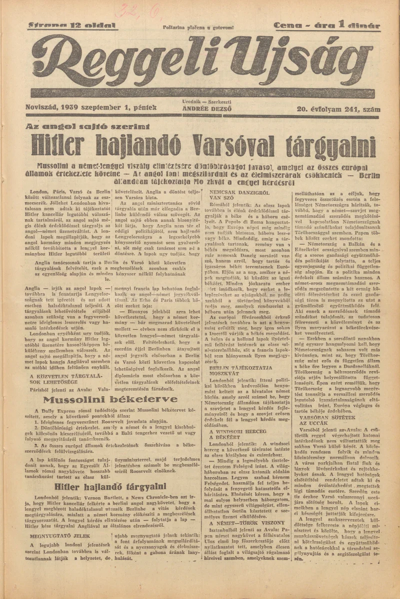 Reggeli Újság, 20. évf. 1939. szeptember 1. 241. sz.