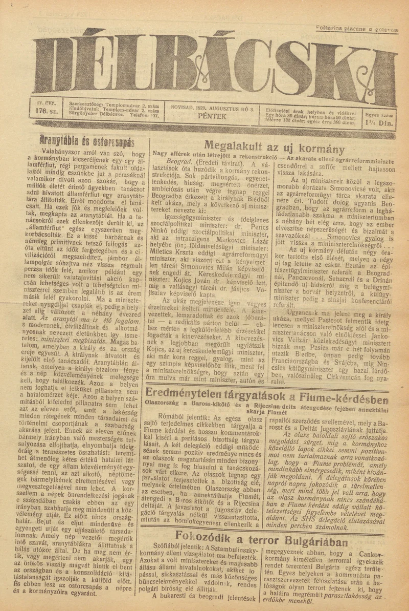 Délbácska, 4. évf. 1923. augusztus 3. 175. sz.