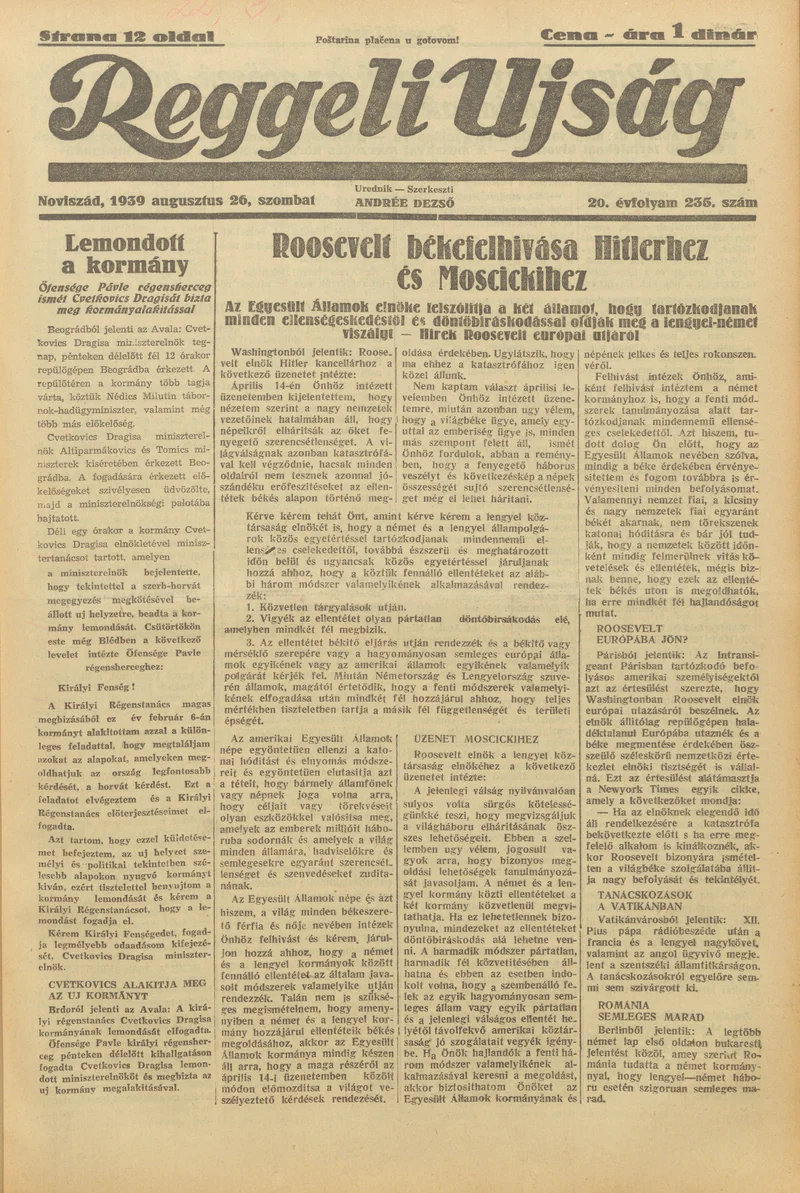 Reggeli Újság, 20. évf. 1939. augusztus 26. 235. sz.