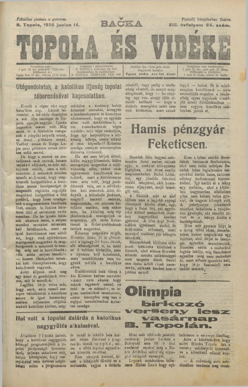 Bačka Topola és Vidéke, 13. évf. 1936. június 14. 24. sz.