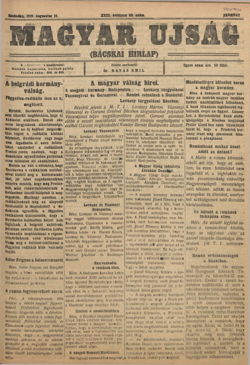 Bácskai Hirlap, 23. évf. 1919. augusztus 16. 53. sz.