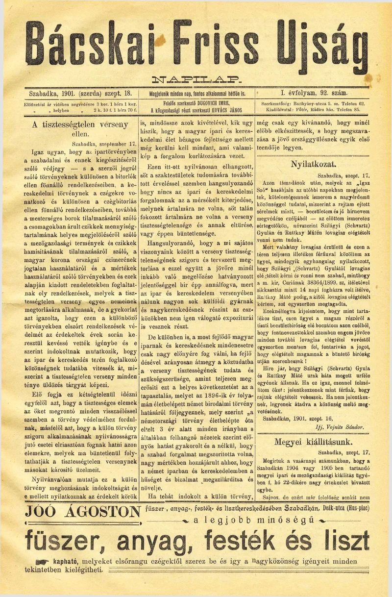 Bácskai Friss Ujság, 1. évf. 1901. szeptember 18. 92. sz.