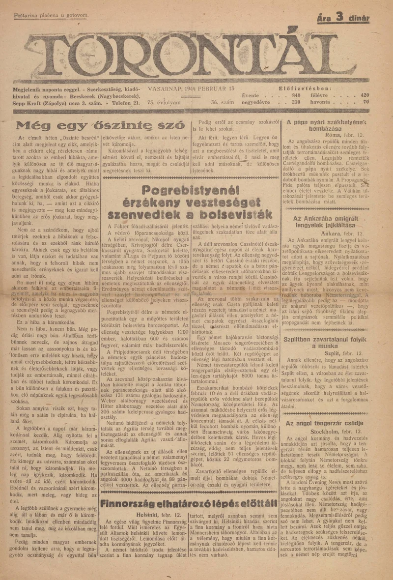 Torontál, 73. évf. 1944. február 13. 36. sz.