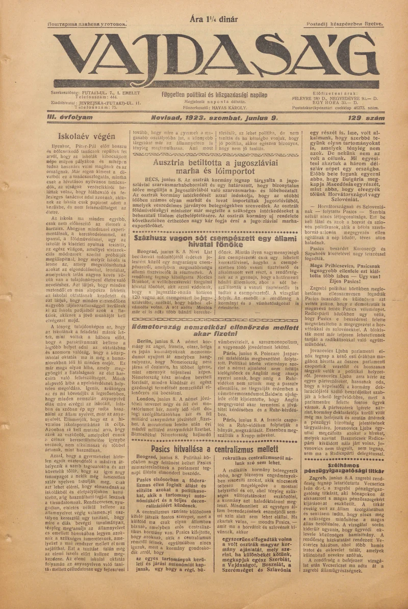 Vajdaság, 3. évf. 1923. június 9. 129. sz.
