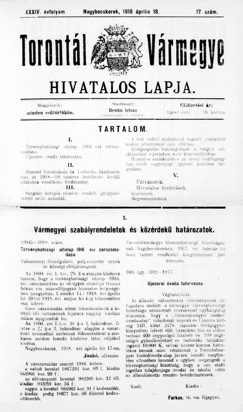Torontál Vármegye Hivatalos Lapja, 34. évf. 1918. április 18. 17. sz.
