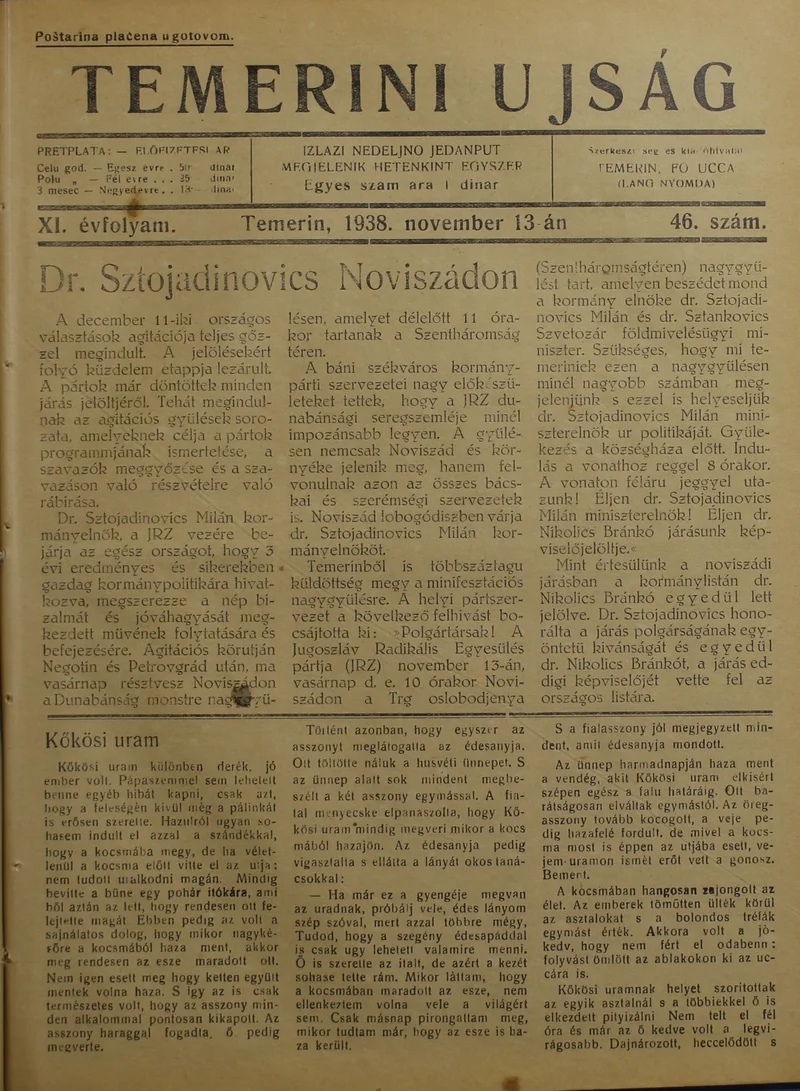 Temerini Újság 1928-1944, 11. évf. 1938. november 13. 46. sz.